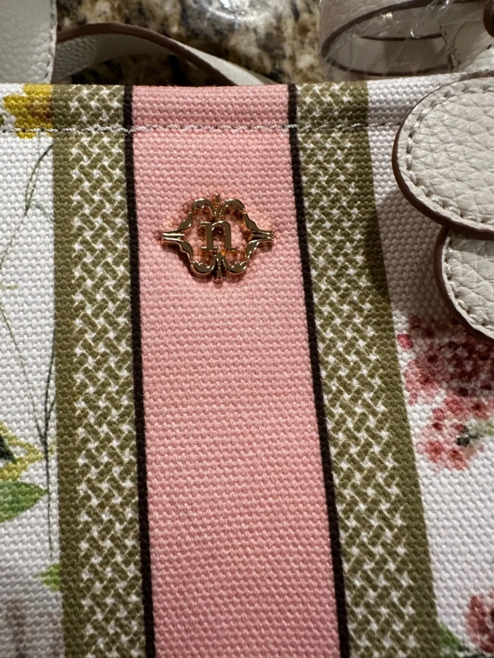 Nanette Lepore White Floral Satchel with Pink and Green Stripe - Picture 9 of 15